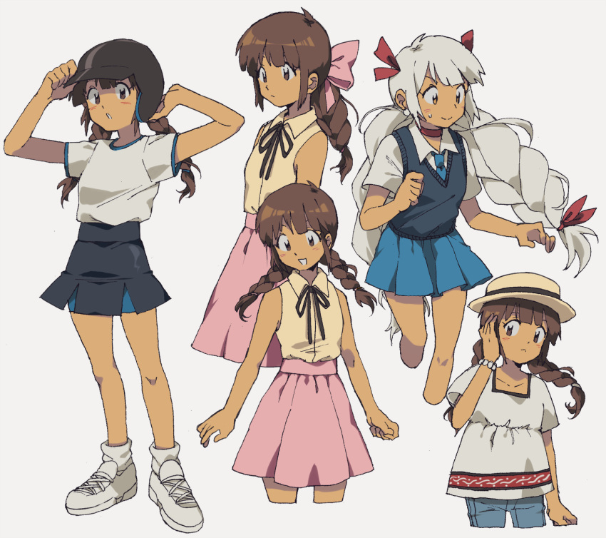 1girl :&lt; :d :o adjusting_clothes adjusting_headwear akiyoku ankle_socks arm_at_side arms_at_sides arms_up bangs bare_legs baseball_helmet baseball_uniform bead_bracelet beads beige_shirt black_headwear black_neckwear black_skirt blouse blue_neckwear blue_skirt blue_sweater blunt_bangs blush bow bracelet braid brown_eyes brown_hair choker clenched_hand closed_mouth collarbone cowboy_shot cropped_legs cross-laced_footwear dark-skinned_female dark_skin denim english_commentary expressionless facing_viewer feet_out_of_frame from_side full_body grey_background hair_between_eyes hair_bow hair_ribbon hand_up hands_up hat helmet high-waist_skirt highres jeans jewelry leg_up legs_apart long_hair looking_at_viewer looking_away looking_down looking_to_the_side low_twintails miniskirt multiple_views neck_ribbon necktie original pants parted_lips pink_bow pink_skirt pleated_skirt red_choker red_ribbon retro_artstyle ribbon running school_uniform shirt shirt_tucked_in shoes short_sleeves simple_background single_braid skirt sleeveless sleeveless_shirt smile sneakers socks sportswear standing sweat sweater sweater_vest swept_bangs tareme twin_braids twintails very_long_hair white_blouse white_footwear white_hair white_legwear white_shirt wing_collar yellow_eyes