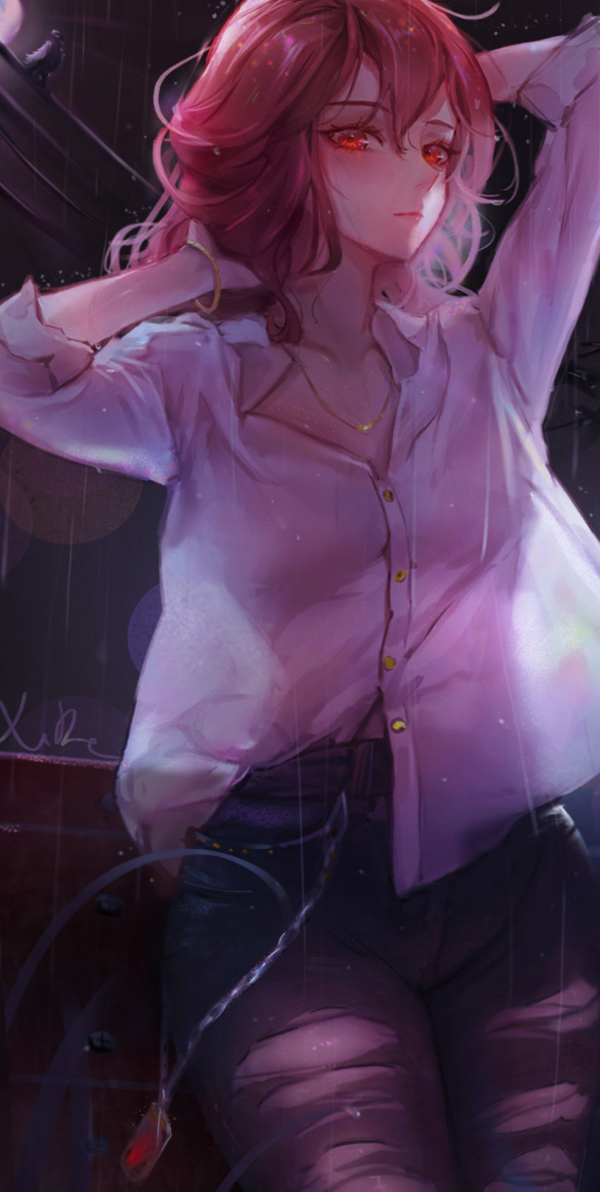 1girl arms_up bracelet breasts collared_shirt denim diluc_(genshin_impact) genderswap genderswap_(mtf) genshin_impact highres jeans jewelry necklace pants red_eyes redhead see-through see-through_silhouette shirt torn_clothes wet wet_clothes white_shirt xude