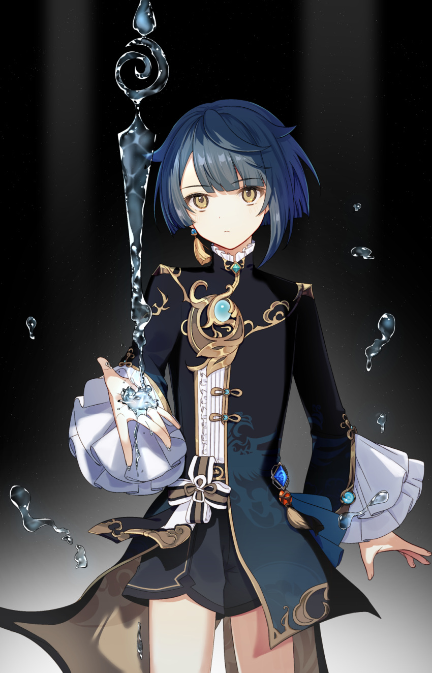 1boy bangs belt blue_hair blue_shorts brooch chieezuik chinese_clothes closed_mouth commentary_request earrings eyebrows_visible_through_hair frilled_shirt_collar frilled_sleeves frills genshin_impact highres jewelry long_coat long_sleeves male_focus short_hair shorts simple_background single_earring solo tassel tassel_earrings vision_(genshin_impact) water xingqiu_(genshin_impact) yellow_eyes