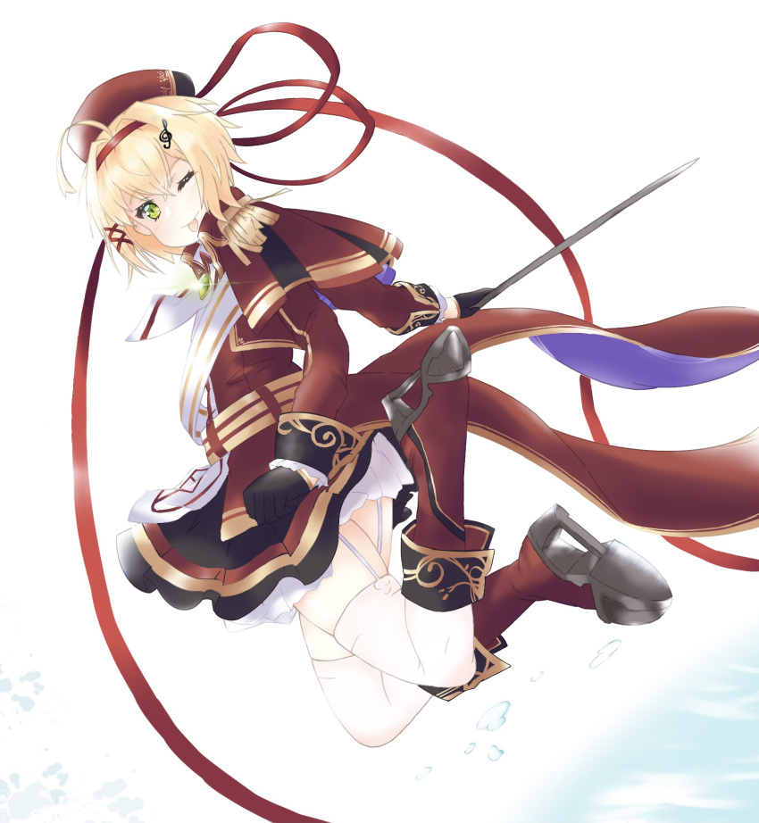 1girl alternate_costume azur_lane black_skirt blonde_hair boots capelet epaulettes full_body green_eyes hair_ornament high_heels highres looking_at_viewer miniskirt mumei_shumi one_eye_closed rapier red_capelet red_footwear red_ribbon ribbon simple_background skirt solo southampton_(azur_lane) sword thigh-highs weapon white_background white_garter_straps white_legwear x_hair_ornament