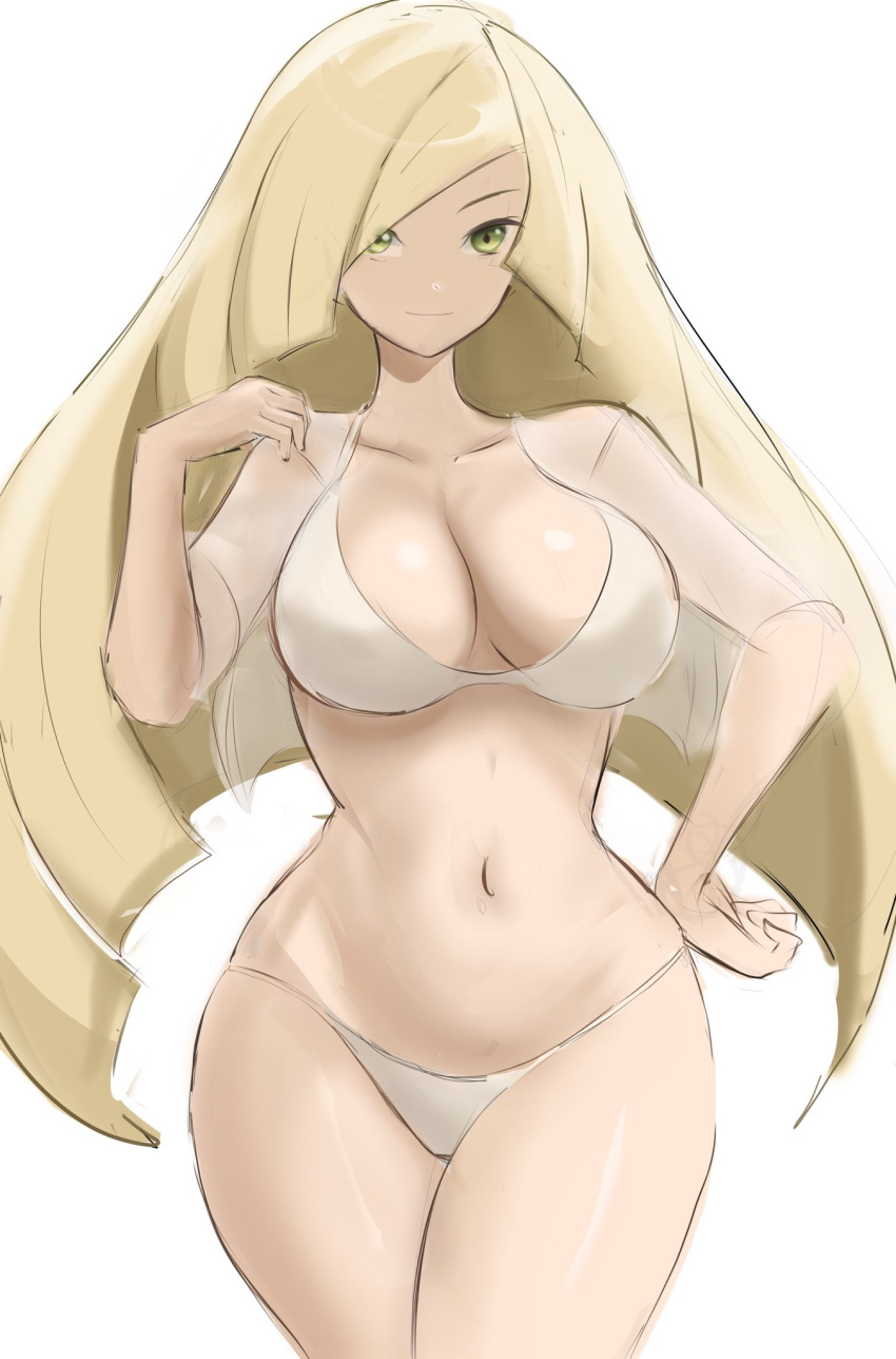1girl bangs bikini blonde_hair breasts cowboy_shot green_eyes hair_over_one_eye highres large_breasts long_hair looking_at_viewer lusamine_(pokemon) navel pokemon pokemon_(game) pokemon_sm rakeemspoon simple_background solo standing swimsuit very_long_hair white_background white_bikini