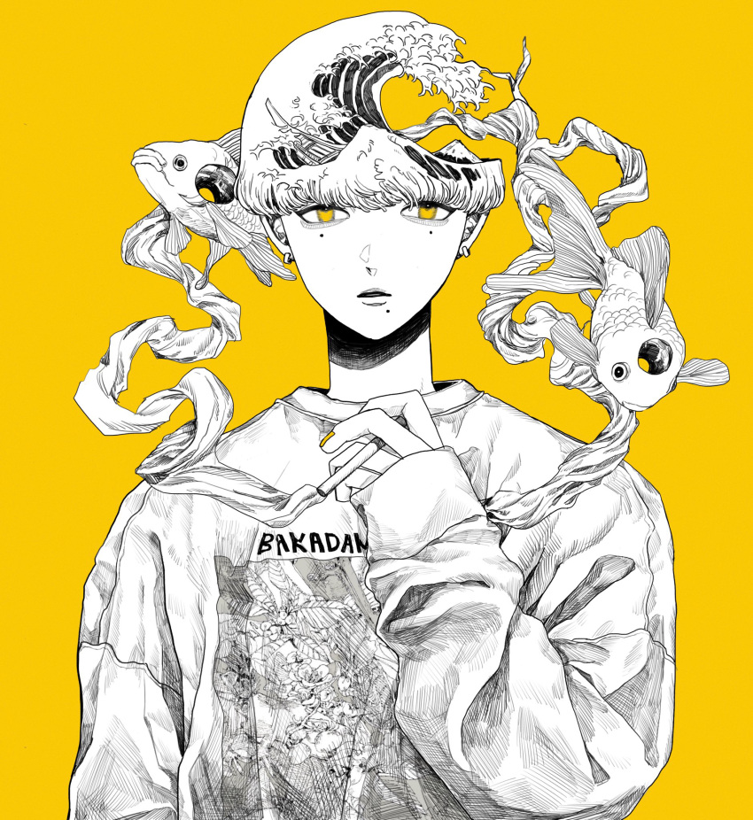 1boy cigarette commentary_request earrings fish highres jewelry kamomiland kanagawa_okinami_ura long_sleeves looking_at_viewer male_focus mole mole_under_eye mole_under_mouth monochrome original parted_lips short_hair simple_background sleeves_past_wrists smoking solo spot_color surreal sweater upper_body yellow_background yellow_eyes yellow_nails yellow_theme