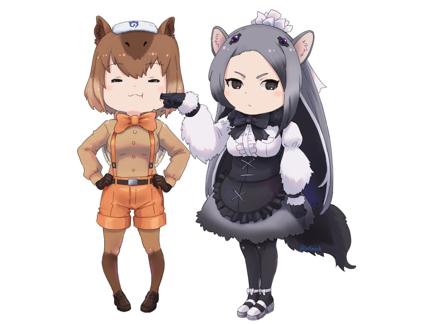 2girls :/ animal_ears anteater_ears anteater_tail apron arm_at_side b11mech black_eyes black_hair bow bowtie brown_hair capybara_(kemono_friends) capybara_girl cheek_poking chibi closed_eyes closed_mouth dress eyebrows_visible_through_hair forehead full_body fur_collar giant_anteater_(kemono_friends) gloves grey_hair hair_ornament hand_on_another's_face hand_up hands_on_hips highres kemono_friends legwear_under_shorts long_hair long_sleeves looking_at_another medium_hair mouse_ears multiple_girls pantyhose photo-referenced poking shirt shoes shorts simple_background standing suspender_shorts suspenders towel towel_on_head very_long_hair white_background