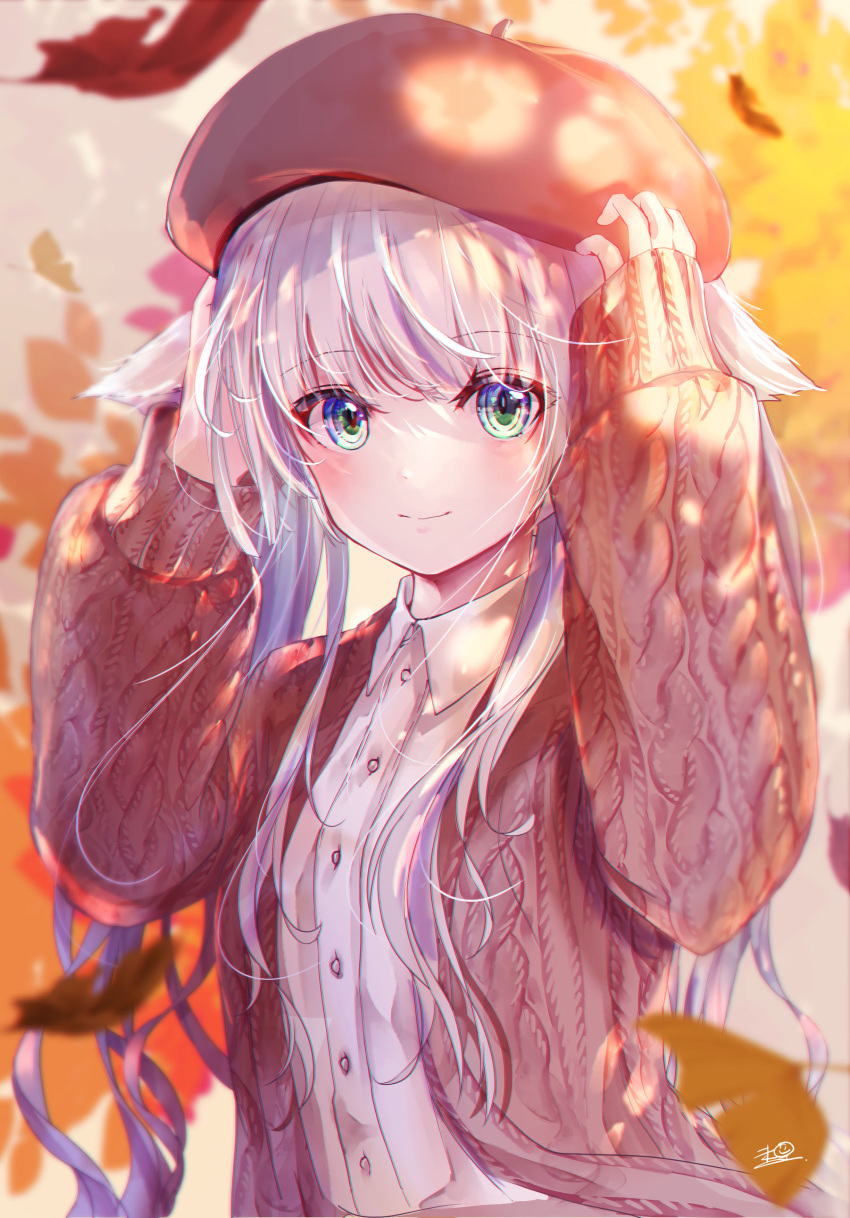 1girl absurdres animal_ears aran_sweater arms_up autumn autumn_leaves beret blush cable_knit cat_ears collared_shirt eyebrows_visible_through_hair falling_leaves hat highres leaf light_purple_hair long_hair long_sleeves looking_at_viewer original sanamisa shirt signature sleeves_past_wrists smile solo sweater upper_body white_shirt