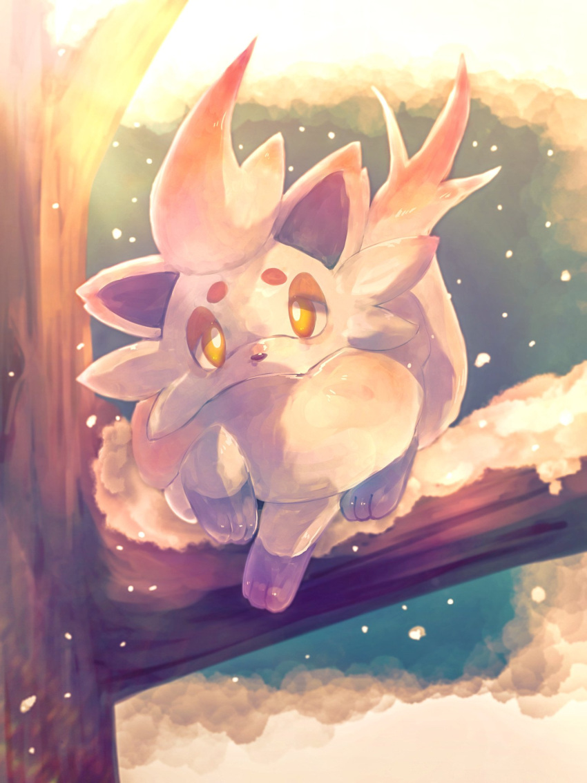 branch bright_pupils commentary_request highres hisuian_zorua looking_at_viewer no_humans orange_eyes outdoors pkmn_muchiko pokemon pokemon_(creature) snow solo toes white_pupils