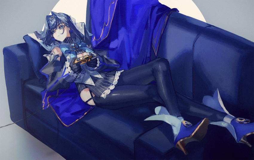 1girl bangs black_gloves black_hair black_legwear black_skirt black_sleeves blue_bow blue_cape blue_eyes blue_footwear bow cape controller couch detached_sleeves gloves hair_intakes high_heels highres holding holding_controller hololive hololive_english huge_bow looking_to_the_side lying on_back on_couch ouro_kronii quasarcake short_hair skirt solo virtual_youtuber