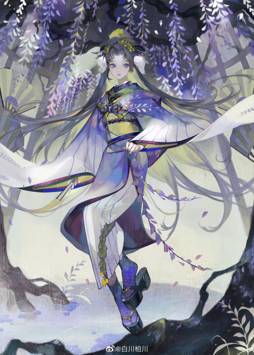 1girl absurdres bangs black_hair blue_eyes floating flower full_body hair_ornament hand_fan highres holding holding_fan iotaectoplasm japanese_clothes kimono leaf leaf_hair_ornament long_hair long_sleeves obi original parted_bangs petals purple_flower sash shoes solo water wide_sleeves wisteria
