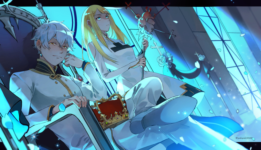 bangs bangsutur blonde_hair blue_eyes blunt_bangs crown curly_hair dress formal highres indoors long_hair long_sleeves re:zero_kara_hajimeru_isekai_seikatsu regulus_corneas shirt short_hair sitting smile suit sylphy_(re:zero) throne white_dress white_hair white_shirt window