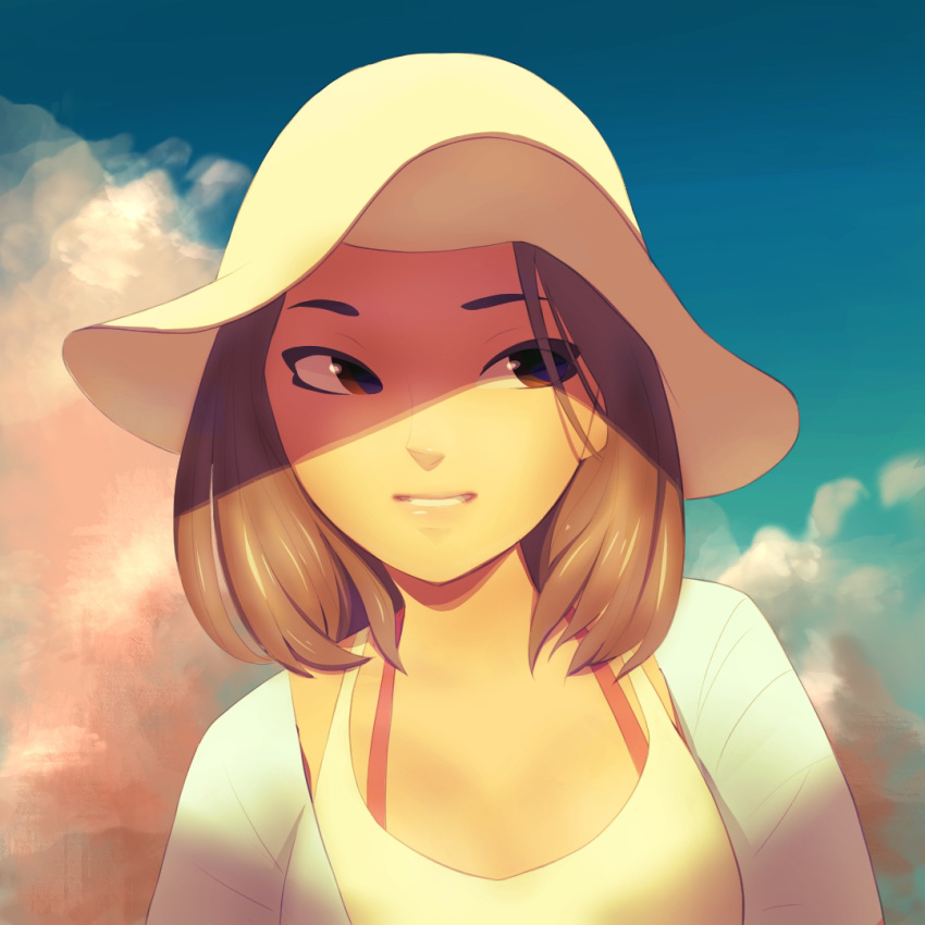 bmo_art bra_strap brown_eyes brown_hair close-up clouds face hair_strand hat lips looking_to_the_side medium_hair open_clothes open_shirt original portrait shaded_face shirt sky smile sun_hat tank_top undershirt white_tank_top