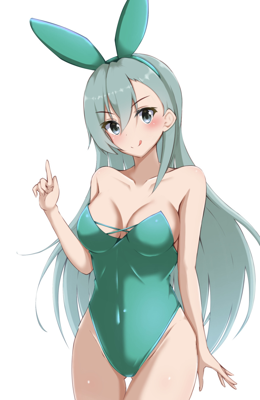 1girl absurdres animal_ears blush breasts breasts_apart closed_mouth commentary cowboy_shot eyebrows_visible_through_hair fake_animal_ears green_eyes green_hair green_leotard hair_between_eyes highres honma_(honmatomohiro) kantai_collection large_breasts leotard looking_at_viewer playboy_bunny rabbit_ears simple_background smile solo suzuya_(kancolle) tongue tongue_out white_background