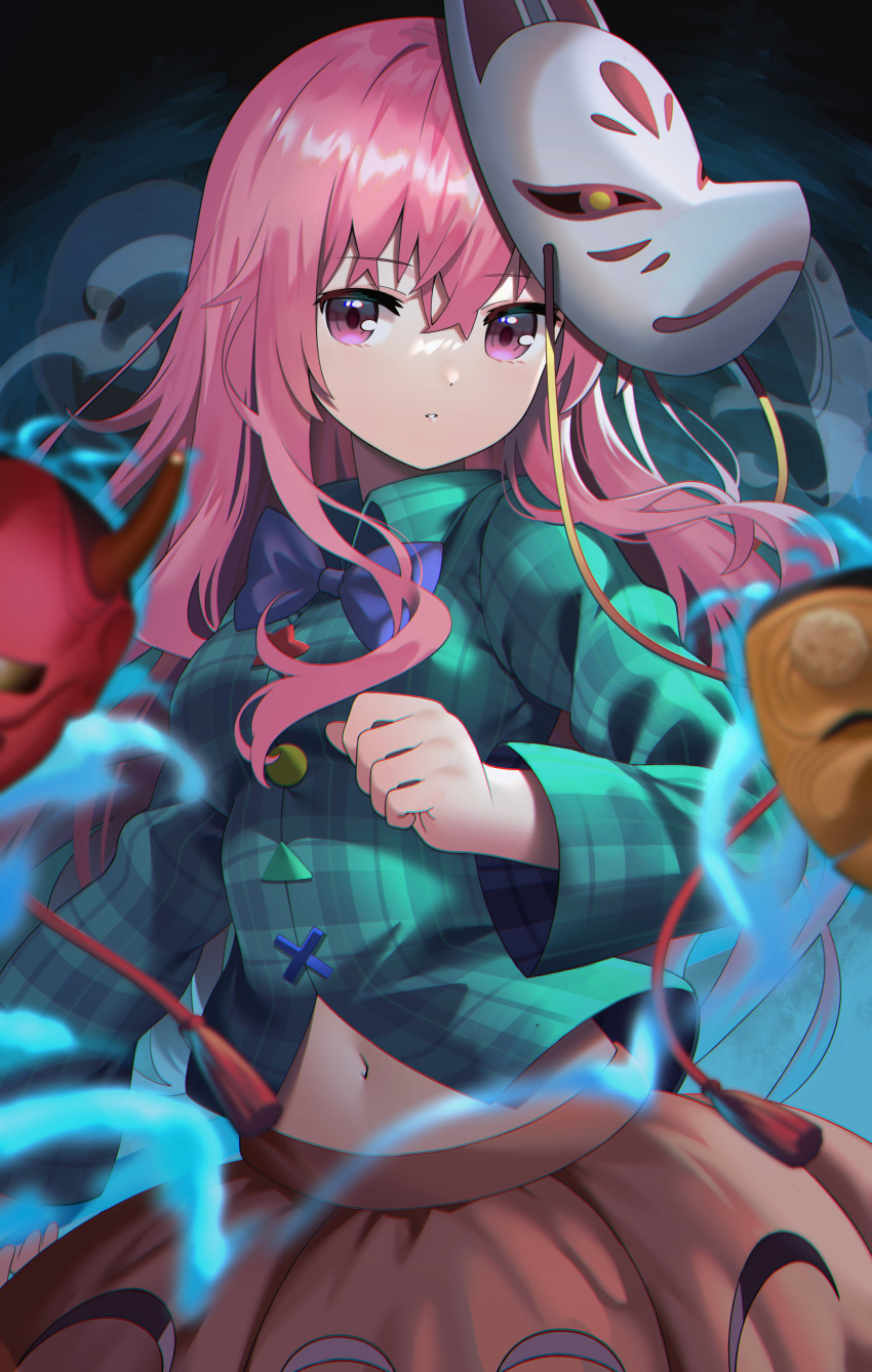 1girl absurdres bangs black_background blurry blurry_foreground bow bowtie bubble_skirt circle collared_shirt cowboy_shot cross eyebrows_visible_through_hair fox_mask green_shirt hata_no_kokoro highres long_hair long_sleeves looking_at_viewer mask mask_on_head navel oni_mask open_mouth orange_skirt pink_eyes pink_hair plaid plaid_shirt shirt skirt solo star_(symbol) touhou triangle yuujin_(yuzinn333)