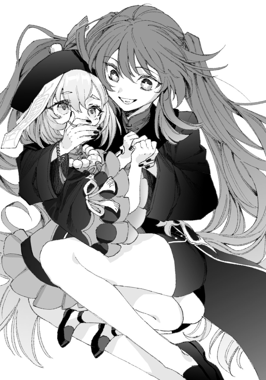 2girls bangs bead_necklace beads between_legs black_nails bracelet chinese_clothes coat coattails covering_mouth eye_contact eyebrows_visible_through_hair feet_out_of_frame genshin_impact greyscale hand_grab hat highres hu_tao_(genshin_impact) jewelry long_hair long_sleeves looking_at_another maki_keigo monochrome multiple_girls necklace qing_guanmao qiqi_(genshin_impact) ring shoes short_hair shorts star-shaped_pupils star_(symbol) symbol-shaped_pupils talisman tassel twintails white_background wide_sleeves