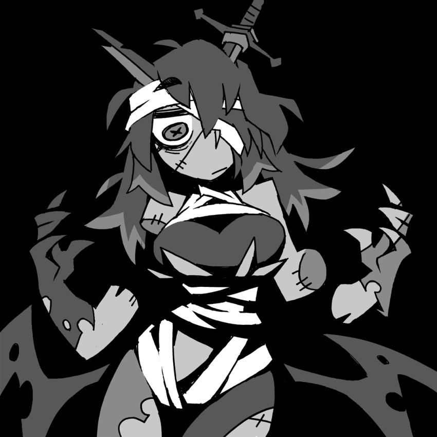 1girl bandaged_head bandages bangs black_background breasts broken broken_sword broken_weapon closed_mouth copyright_request cowboy_shot disembodied_limb english_commentary greyscale hands_up horns impaled large_breasts long_hair looking_at_viewer low_wings monochrome multicolored_hair solo stitched_face sword two-tone_hair vanripper weapon wings