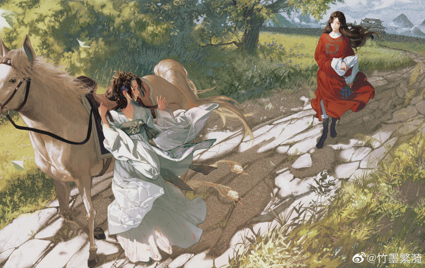 1boy 1girl absurdres bangs black_hair china_dress chinese_clothes dress floating floating_hair from_side hanfu highres horse leaf long_hair long_sleeves looking_at_another original outdoors parted_bangs profile red_dress shadow standing tree wide_sleeves wind zhu_mo_fan_yi