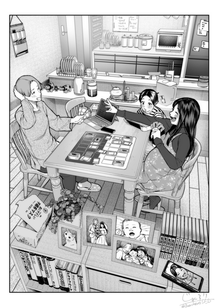 1girl 2boys absurdres apron blush card_(medium) cat cellphone cellphone_picture chair child closed_eyes commentary_request couple family greyscale hand_on_own_head hetero highres husband_and_wife indoors jorori kitchen long_hair long_sleeves manga_(object) microwave monochrome multiple_boys open_clothes open_mouth original pants phone picture_(object) plant playing_games pregnant refrigerator shirt short_hair sitting slippers smile table