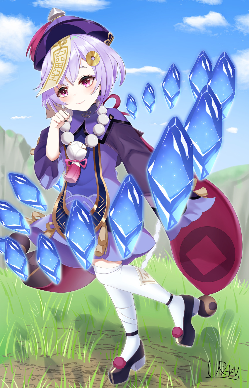 1girl absurdres bandaged_leg bandages bangs bead_necklace beads black_footwear blue_sky blurry braid braided_ponytail cape chinese_clothes clouds cloudy_sky coin_hair_ornament commentary_request depth_of_field earrings eyebrows_visible_through_hair full_body genshin_impact grass hair_between_eyes hat head_tilt highres ice_crystal jewelry jiangshi konparu_uran long_hair long_sleeves looking_at_viewer low_ponytail necklace ofuda ofuda_on_clothes orb paw_pose purple_hair qing_guanmao qiqi_(genshin_impact) shoes sidelocks single_thighhigh sky sleeves_past_wrists smile solo standing standing_on_one_leg thigh-highs violet_eyes white_legwear wide_sleeves yin_yang yin_yang_orb zettai_ryouiki