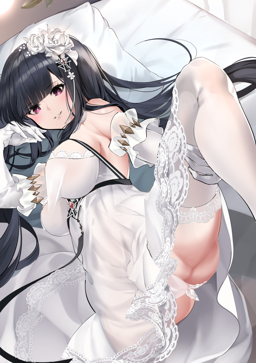 1girl absurdres ann_(ann58533111) ass azur_lane black_hair breasts elbow_gloves flower gloves hair_flower hair_ornament highres iron_cross large_breasts lingerie long_hair looking_at_viewer lying m_legs negligee official_alternate_costume on_side panties peter_strasser_(azur_lane) peter_strasser_(weiss_uhrzeiger)_(azur_lane) pillow rose see-through_dress solo spread_legs underwear very_long_hair violet_eyes white_flower white_gloves white_legwear white_negligee white_panties white_rose