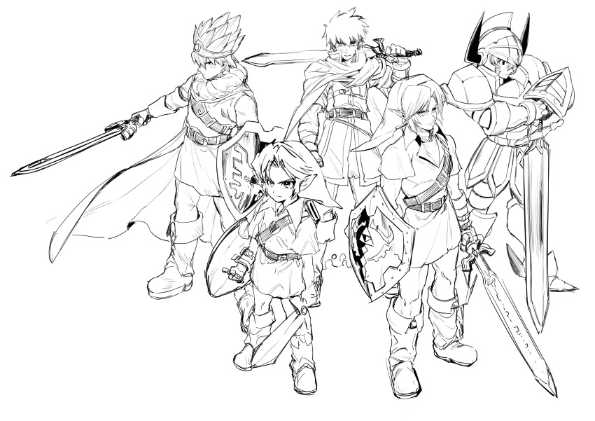 5boys absurdres armor bandages bangs belt boots cape character_request closed_mouth crossover dragon_quest dragon_quest_iii druaga_no_tou dual_persona fire_emblem fire_emblem:_path_of_radiance gilgamesh_(druaga) greyscale hair_between_eyes hat helmet highres holding holding_shield holding_sword holding_weapon ike_(fire_emblem) link male_focus master_sword monochrome multiple_boys over_shoulder parted_lips pointy_ears ragnell roto rx_hts shield short_sleeves spiked_helmet spiky_hair standing sword the_legend_of_zelda tunic weapon weapon_over_shoulder young_link