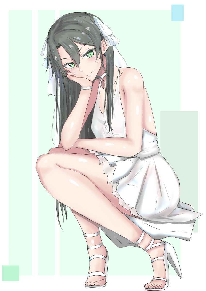 1girl absurdres armlet bare_shoulders blush boots closed_mouth commentary_request dress eyebrows_visible_through_hair green_eyes green_hair hair_between_eyes hand_on_own_face high_heel_boots high_heels highres kantai_collection ken_(shutenndouji1) long_hair looking_at_viewer sleeveless sleeveless_dress smile solo white_dress white_footwear zuikaku_(kancolle)