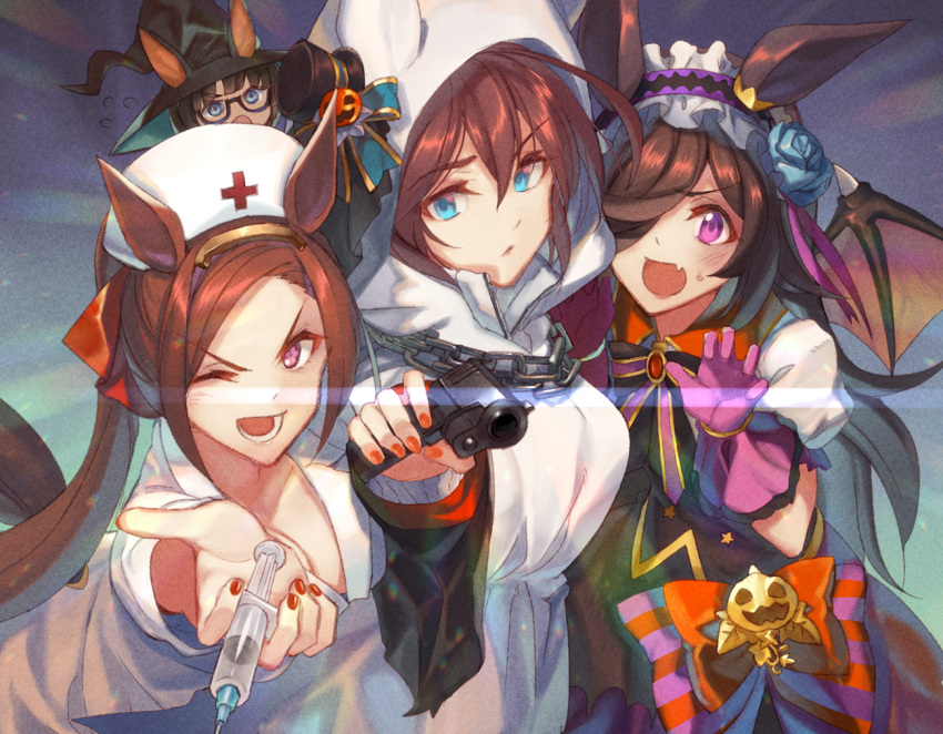 4girls aiming_at_viewer alternate_costume animal_ear_headwear animal_ears bangs bat_wings black_hair blue_eyes blue_flower blue_rose blush bow brown_hair chain claw_pose cloak collared_shirt commentary_request fang flower flower-shaped_pupils flying_sweatdrops frilled_hairband frills gangsta_hold glasses gun hair_over_one_eye hairband handgun hat holding holding_gun holding_syringe holding_weapon hood hood_up horse_ears horse_girl horse_tail kabocha_(monkey4) large_bow long_hair looking_at_viewer make_up_in_halloween!_(umamusume) medical_scrubs mihono_bourbon_(umamusume) mini_hat mini_top_hat multiple_girls nurse_cap official_alternate_costume one_eye_closed open_mouth orange_nails outstretched_arm pistol ponytail puffy_short_sleeves puffy_sleeves rice_shower_(umamusume) rose sakura_bakushin_o_(umamusume) shirt short_sleeves skin_fang sweatdrop symbol-shaped_pupils syringe tail teeth top_hat umamusume v-shaped_eyebrows violet_eyes weapon white_shirt wings witch_hat zenno_rob_roy_(umamusume)