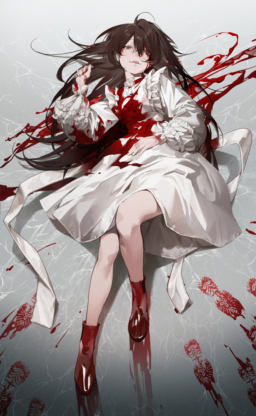 1girl absurdres bangs blood blood_on_clothes blood_on_dress blood_on_face blood_stain brown_eyes brown_hair dress footprints full_body highres long_hair long_sleeves lying nea_(nongta2002) on_back original red_footwear shoes solo symbol-only_commentary tongue tongue_out white_dress