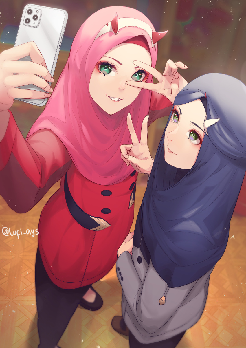 2girls absurdres brown_footwear brown_pants darling_in_the_franxx floor forehead from_above full_body green_eyes grey_jacket grin highres hijab holding holding_phone horns ichigo_(darling_in_the_franxx) jacket long_sleeves lufi_ays military military_jacket military_uniform multiple_girls open_mouth pants phone red_jacket selfie shoes smile teeth uniform v violet_eyes zero_two_(darling_in_the_franxx)