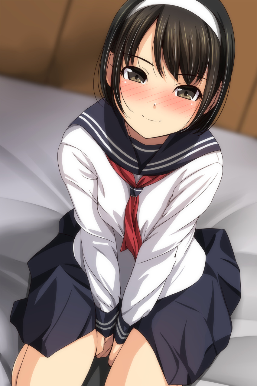 1girl absurdres bangs bed_sheet between_legs black_hair black_sailor_collar black_skirt blurry blurry_background blush brown_eyes closed_mouth depth_of_field eyebrows_visible_through_hair hairband hand_between_legs highres long_sleeves looking_at_viewer matsunaga_kouyou nose_blush original pleated_skirt red_neckwear sailor_collar school_uniform seiza serafuku sitting skirt smile solo white_hairband wooden_wall