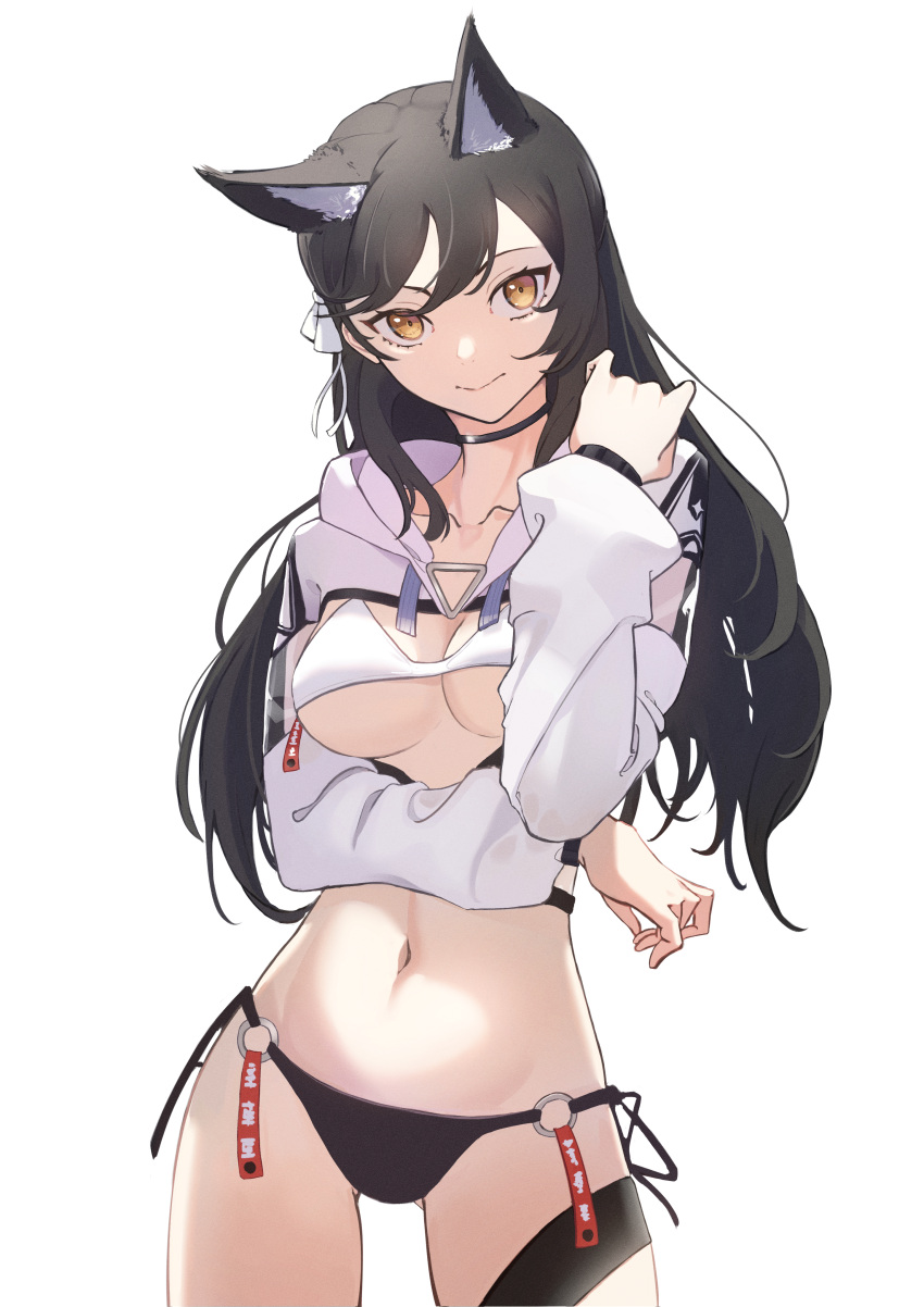 1girl absurdres animal_ear_fluff animal_ears ass_visible_through_thighs atago_(azur_lane) azur_lane bikini black_choker black_hair breasts choker closed_mouth collarbone commission hair_between_eyes hair_ornament hair_ribbon hand_up highres looking_at_viewer medium_breasts midriff navel o-ring o-ring_bottom ribbon simple_background smile solo swimsuit thigh_strap thighs under_boob upmocks white_background white_ribbon wolf_ears wolf_girl yellow_eyes