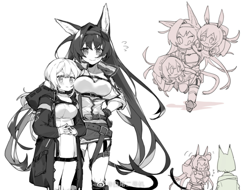 4girls :q amiya_(arknights) animal_ears arknights arm_around_waist baiwei_er_hao_ji belt blaze_(arknights) blush breasts carrying carrying_over_shoulder carrying_person carrying_under_arm cat_ears commentary_request doctor_(arknights) dress extra_ears eyebrows_visible_through_hair feet_out_of_frame female_doctor_(arknights) fingerless_gloves fingers_together flying_sweatdrops gloves greyscale hairband head_bump hood hood_down hooded_jacket infection_monitor_(arknights) jacket kal'tsit_(arknights) large_breasts long_hair medium_breasts monochrome multiple_belts multiple_girls one_eye_closed open_clothes open_jacket pocket ponytail rabbit_ears running simple_background smile tall_female tearing_up tongue tongue_out v-shaped_eyebrows very_long_hair white_background