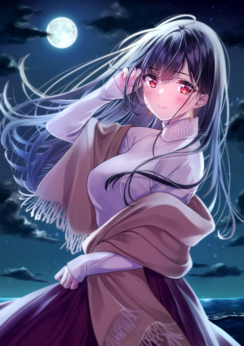 1girl amagi_shino bangs black_hair blush breasts brown_scarf earrings eyebrows_visible_through_hair from_side full_moon hand_up highres jewelry large_breasts long_hair long_sleeves looking_at_viewer moon night night_sky ocean original outdoors red_eyes scarf shirt sky smile solo sweater white_shirt white_sweater