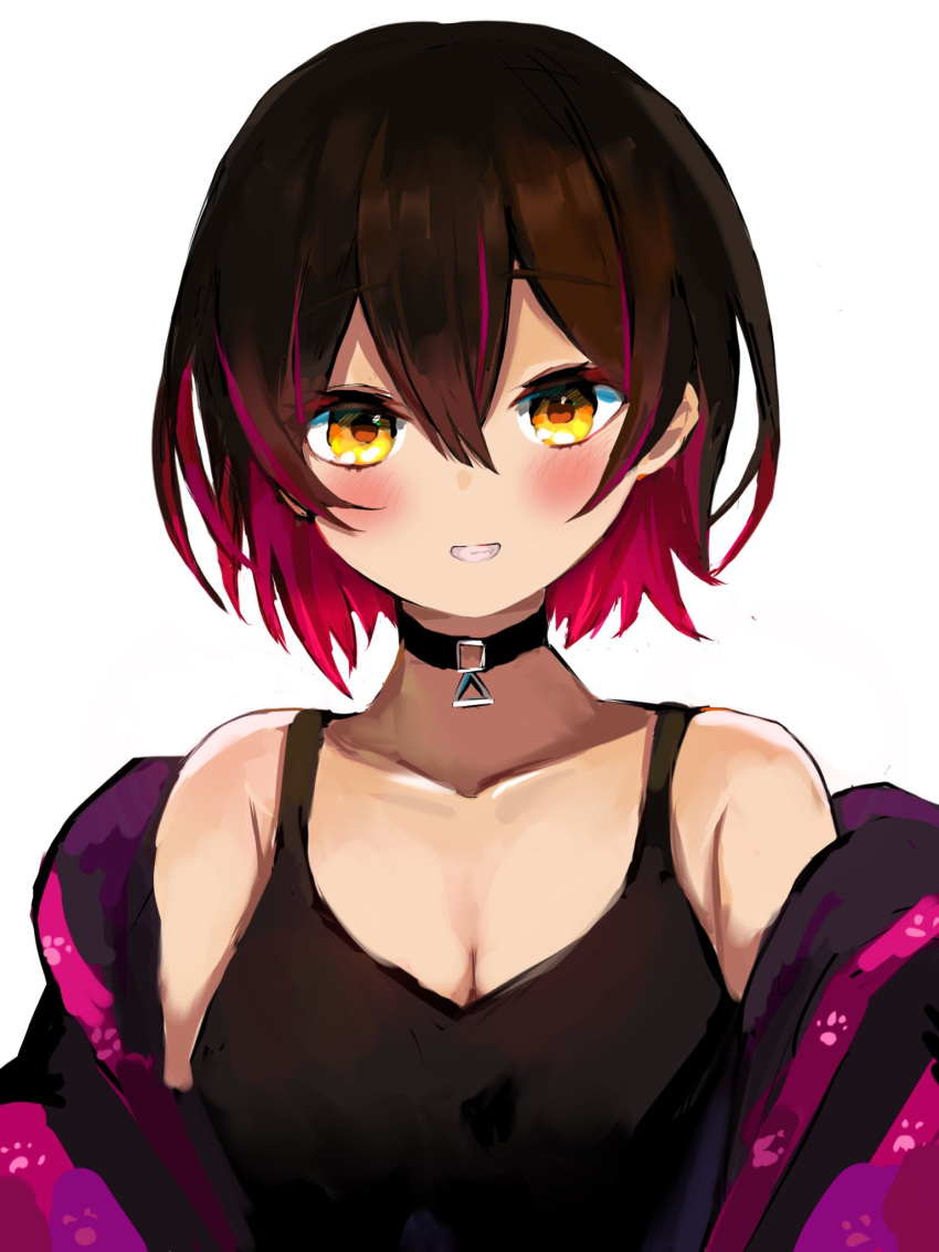 1girl bangs black_choker black_tank_top blush brown_eyes brown_hair choker collarbone gradient_hair hair_between_eyes highres hololive jacket multicolored_hair nanorihonoka off_shoulder parted_lips pink_hair portrait purple_jacket roboco-san smile solo tank_top virtual_youtuber white_background