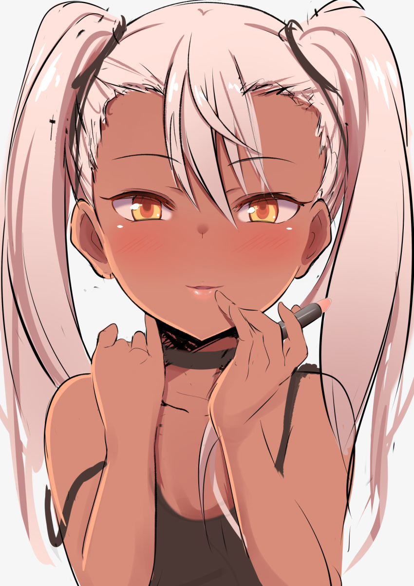 1girl bangs black_choker black_shirt blush camisole child chloe_von_einzbern choker fate_(series) finger_to_mouth hands_up highres hiroyuki_koto lipstick long_hair looking_at_viewer makeup off_shoulder orange_eyes pink_hair pink_lips seductive_smile shirt simple_background smile solo tan tied_hair twintails upper_body white_background yellow_eyes