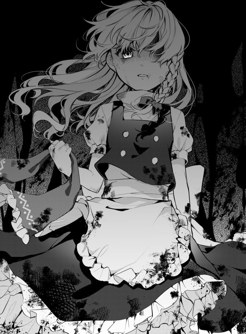 1girl apron bangs black_background blood blood_on_clothes blood_on_face bow braid buttons closed_mouth dress eyebrows_visible_through_hair frills grey_background hair_between_eyes hair_bow hand_up highres jill_07km kirisame_marisa long_hair looking_at_viewer monochrome no_hat no_headwear puffy_short_sleeves puffy_sleeves ribbon shirt short_sleeves single_braid solo standing teeth touhou