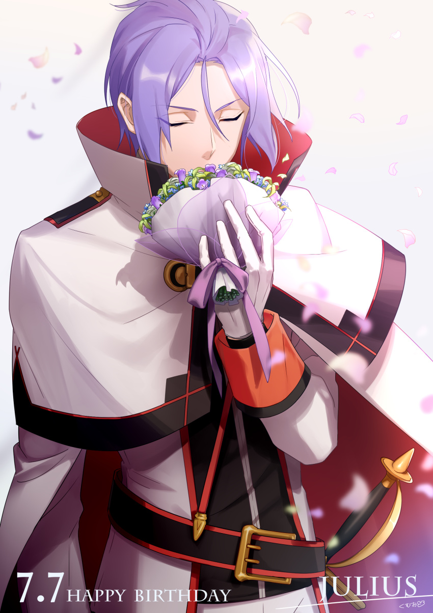 1boy absurdres bouquet cape closed_eyes flower happy_birthday highres julius_juukulius kumuo_(mirakurufusao) long_sleeves male_focus petals purple_hair re:zero_kara_hajimeru_isekai_seikatsu ribbon solo sword weapon