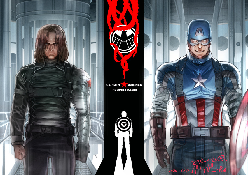 2boys absurdres armor belt blue_eyes brown_gloves brown_hair captain_america captain_america:_the_winter_soldier captain_america_(series) clenched_hands clenched_teeth closed_mouth commission copyright_name dated gloves hair_over_eyes helmet highres james_buchanan_barnes male_focus marvel marvel_cinematic_universe multiple_boys pants rx_hts shield skeb_commission star_(symbol) superhero teeth winter_soldier
