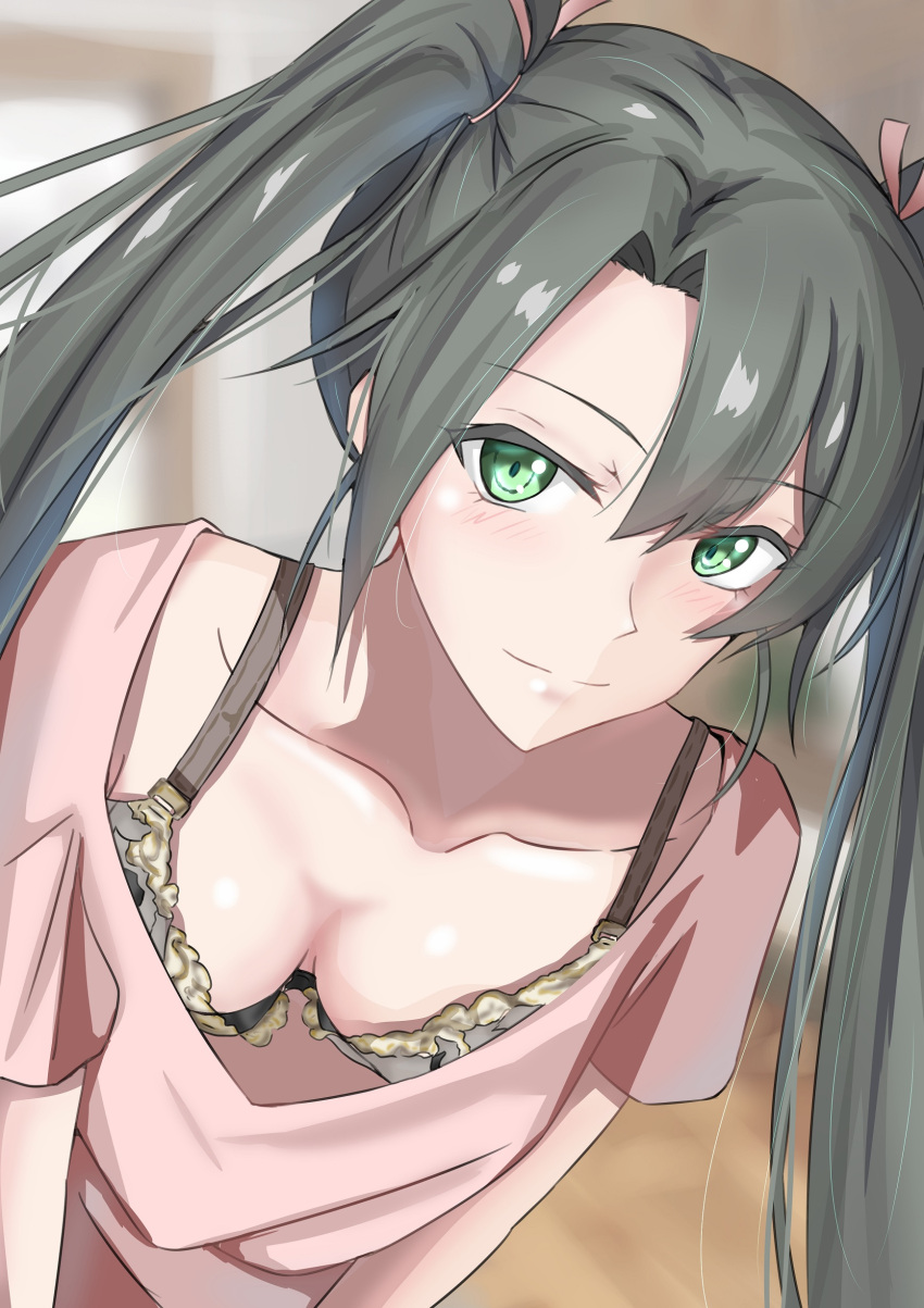 1girl absurdres blush bra breasts brown_bra closed_mouth commentary_request eyebrows_visible_through_hair green_eyes green_hair hair_between_eyes hair_ribbon highres kantai_collection ken_(shutenndouji1) long_hair looking_at_viewer medium_breasts pink_ribbon pink_shirt ribbon room shirt simple_background smile solo underwear upper_body zuikaku_(kancolle)