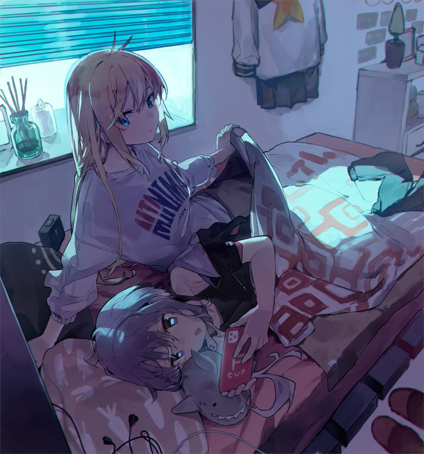 2girls ahoge alarm_clock arm_support bangs bed bedroom black_shirt blanket blinds blonde_hair blue_eyes candle carrot_print clock closed_mouth commentary_request earphones eyebrows_visible_through_hair flower_pot food_print hair_between_eyes hands_up highres hitogome holding holding_blanket holding_phone long_hair long_sleeves looking_at_phone looking_at_viewer lying mirror multiple_girls off-shoulder_shirt off-shoulder_sweater off_shoulder on_bed on_side open_mouth original outstretched_arm pants phone pillow plant purple_hair school_uniform shark shirt short_hair sitting sitting_on_bed stuffed_toy sweater under_covers violet_eyes white_sweater window window_shade yuri