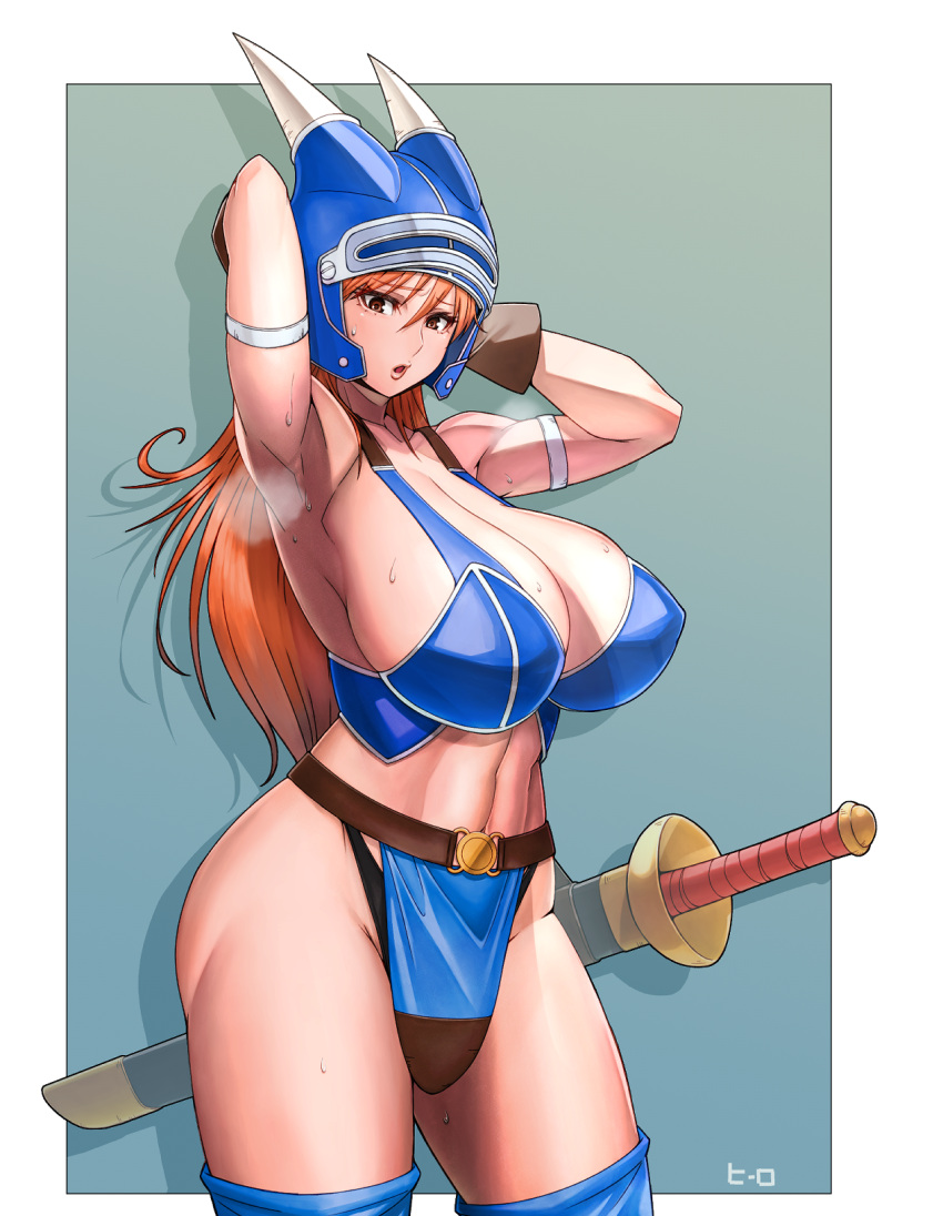 1girl armlet armor blue_armor breasts brown_eyes brown_gloves brown_hair daisy_(dq) dragon_quest dragon_quest_yuusha_abel_densetsu fake_horns gloves helmet hero_(do-belman) highres horned_helmet horns large_breasts long_hair looking_at_viewer open_mouth solo sword weapon