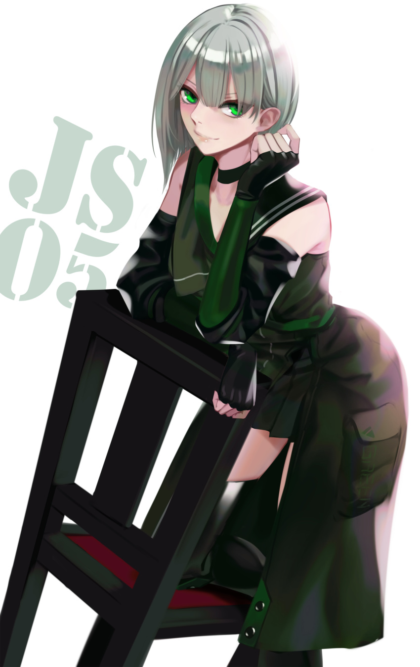 1girl absurdres black_choker black_gloves black_legwear character_name choker closed_mouth coat eyebrows_visible_through_hair feet_out_of_frame fingerless_gloves girls_frontline gloves green_eyes grey_hair highres js05_(girls'_frontline) looking_at_viewer medium_hair ohc. smile solo thigh-highs white_background