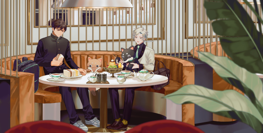 2boys animal bag blue_neckwear cherry dog epcat food formal fruit full_body gakuran grapes highres holding holding_animal holding_food indoors kiwi_slice leaf multiple_boys orange_(fruit) original pudding sandwich school_uniform short_hair sitting suit teapot