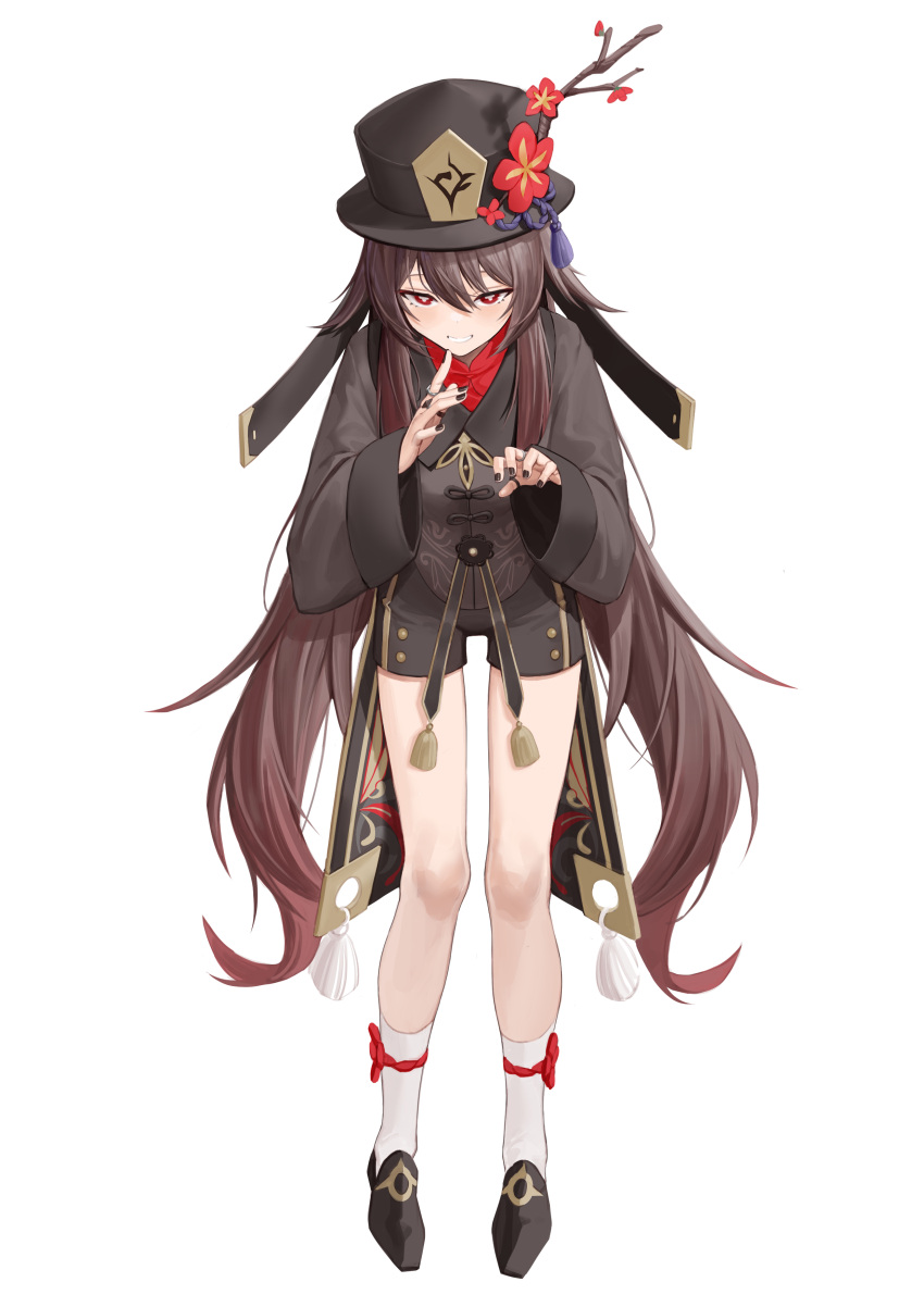 1girl absurdres bangs black_footwear black_nails branch brown_hair brown_shorts coattails collared_coat flower full_body gdd_(vkejr702) genshin_impact grin hands_up hat hat_ornament highres hu_tao_(genshin_impact) jewelry long_hair long_sleeves looking_at_viewer nail_polish plum_blossoms porkpie_hat red_eyes red_shirt ring shirt shoes shorts simple_background smile socks solo standing star-shaped_pupils star_(symbol) symbol-shaped_pupils tassel twintails very_long_hair white_background white_legwear