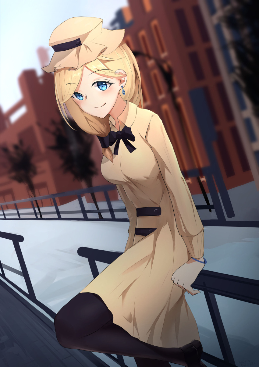 1girl absurdres black_bow black_footwear black_legwear blonde_hair blue_eyes blush bow bowtie bracelet breasts brown_coat brown_headwear city closed_mouth coat earrings eyebrows_visible_through_hair feet_out_of_frame hair_ornament hairclip highres jewelry long_hair looking_at_viewer medium_breasts pantyhose rodney_(warship_girls_r) shoes smile solo standing standing_on_one_leg warship_girls_r xueci