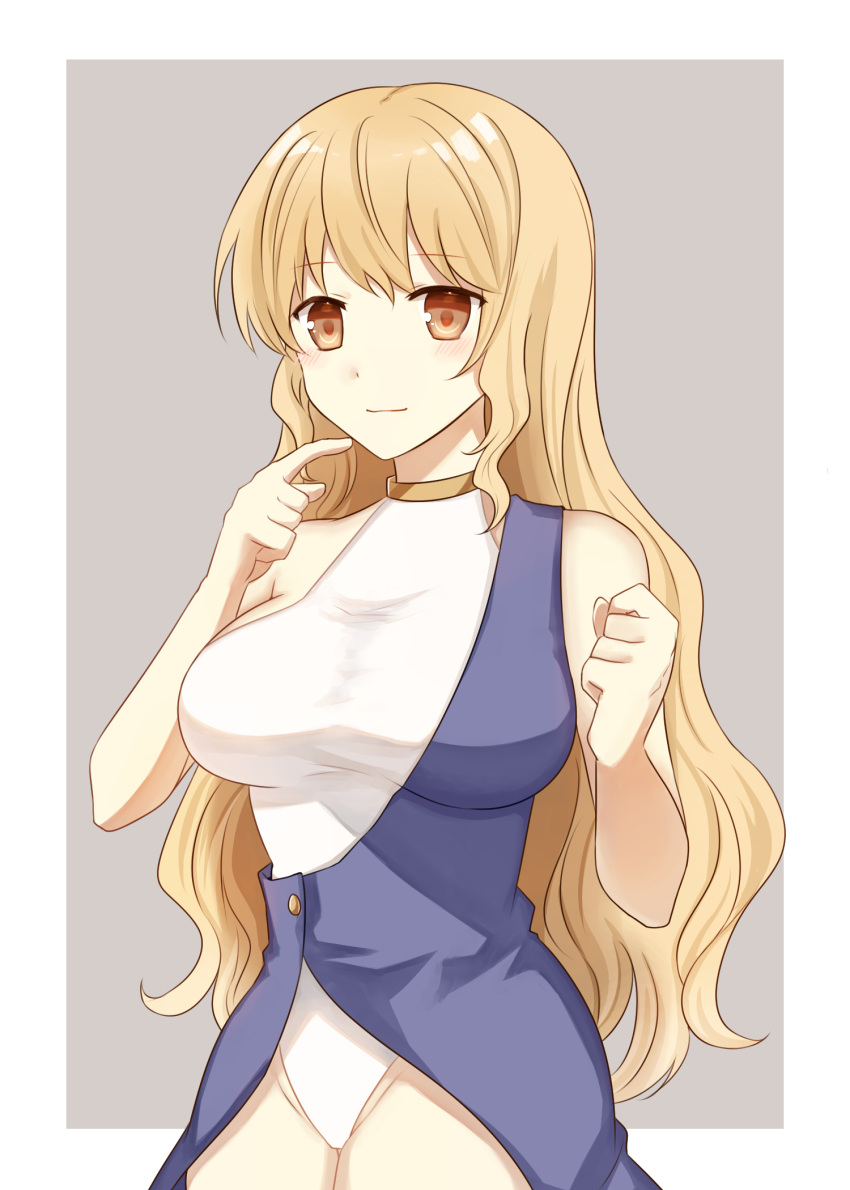 1girl bangs bare_shoulders blonde_hair blush border breasts eyebrows_visible_through_hair highres koto_(shiberia39) large_breasts long_hair simple_background smile solo standing swimsuit touhou watatsuki_no_toyohime white_border