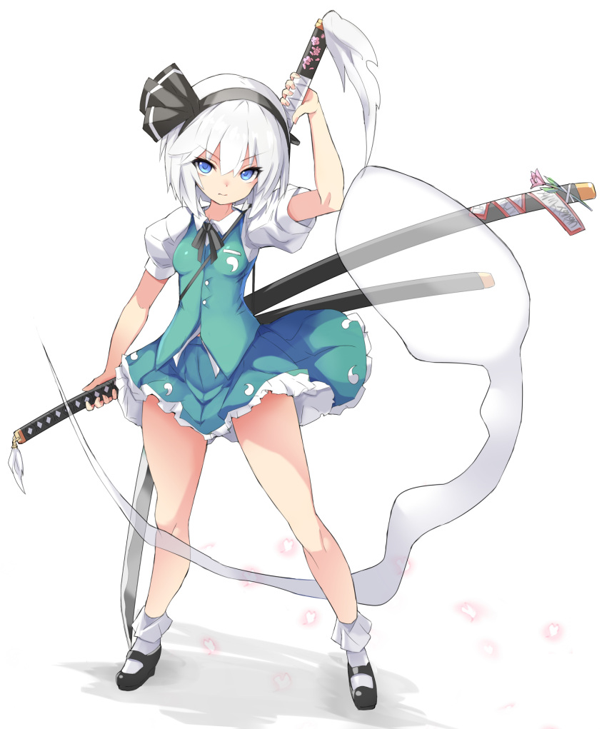 1girl black_footwear black_hairband blue_eyes breasts closed_mouth commentary_request eyebrows_visible_through_hair full_body green_skirt hairband highres karukan_(monjya) katana konpaku_youmu konpaku_youmu_(ghost) looking_at_viewer puffy_short_sleeves puffy_sleeves shoes short_hair short_sleeves skirt small_breasts solo standing sword sword_behind_back touhou weapon white_hair