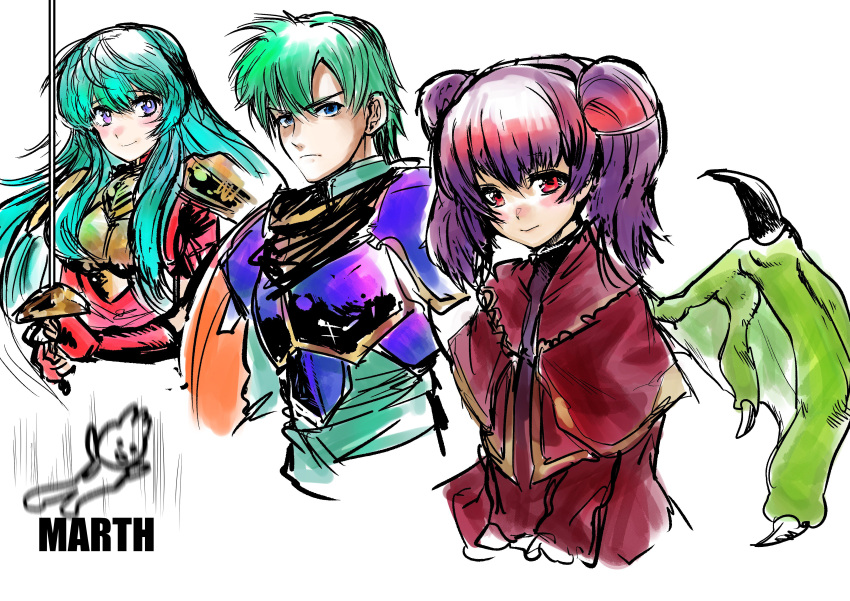 1boy 2girls absurdres aqua_hair armor bangs blue_eyes brother_and_sister character_name closed_mouth cropped_torso dragon_wings eirika_(fire_emblem) ephraim_(fire_emblem) fire_emblem fire_emblem:_the_sacred_stones fire_emblem_8 green_hair highres holding holding_sword holding_weapon intelligent_systems long_hair multiple_girls myrrh_(fire_emblem) nintendo purple_hair rx_hts siblings simple_background sketch super_smash_bros. sword twintails upper_body violet_eyes weapon white_background wings