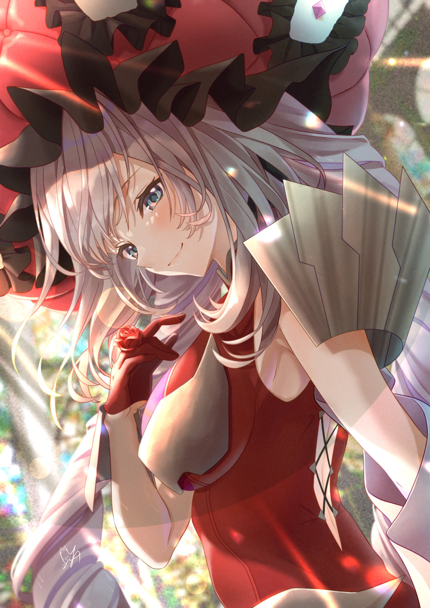 1girl bangs bare_shoulders blue_eyes blush breasts dress fate/grand_order fate_(series) frilled_hat frills gloves hat headpiece large_breasts large_hat leaning_forward long_hair looking_at_viewer marie_antoinette_(fate/grand_order) miya_f_tt outstretched_arm red_dress red_gloves red_headwear short_dress silver_hair smile thighs twintails very_long_hair