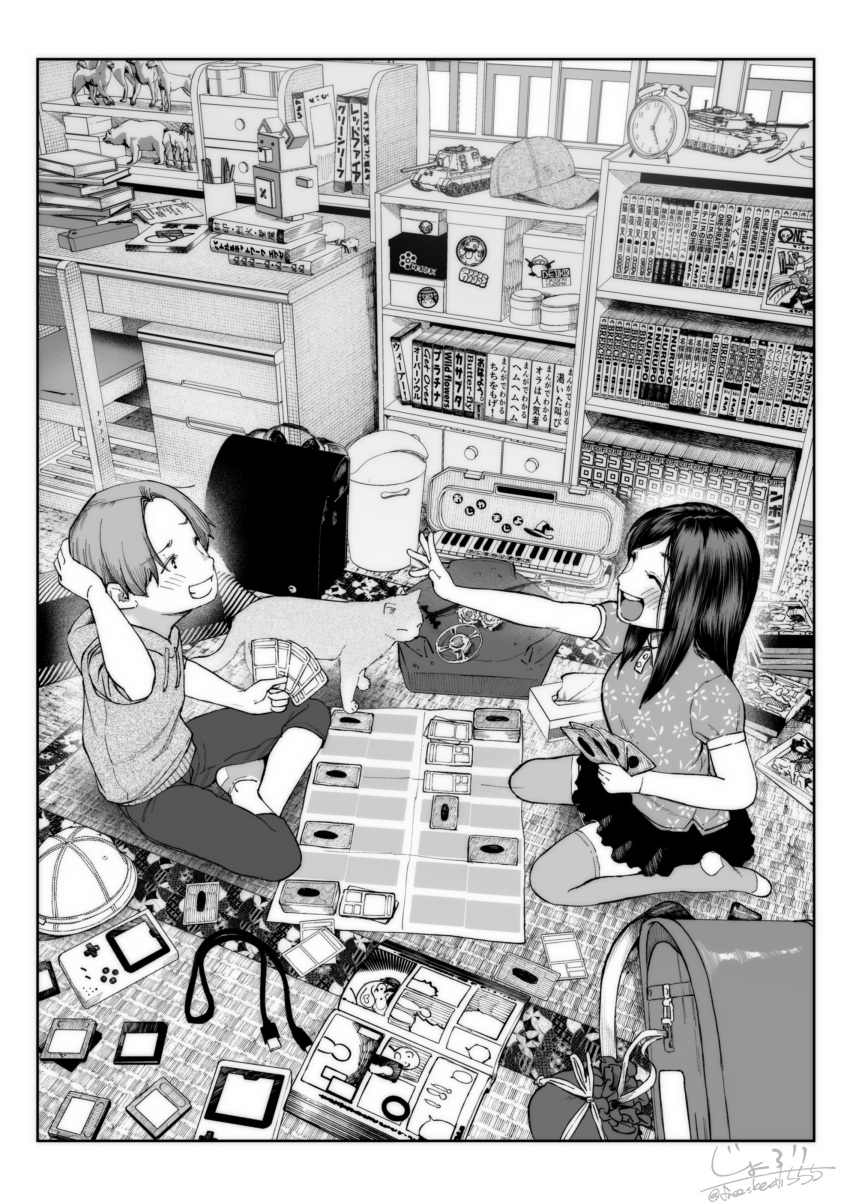 1boy 1girl absurdres alarm_clock animal backpack bag blush book bookshelf card cat chair child clock closed_eyes commentary_request desk game_boy greyscale hand_on_own_head handheld_game_console hat highres holding holding_card hood hoodie indoors instrument jorori keyboard_(instrument) manga_(object) melodica monochrome on_ground open_mouth original pants playing_games randoseru school_bag shirt sitting skirt smile thigh-highs tissue_box toy toy_tank wariza window wire