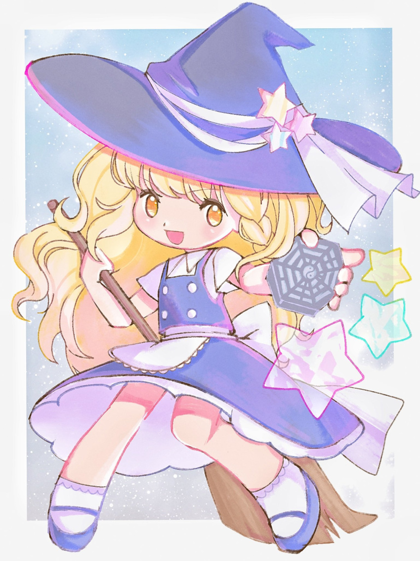 1girl blonde_hair blush broom chibi danmaku dress hat hat_ornament highres kirisame_marisa mini-hakkero pastel_colors ribbon short_sleeves simple_background socks star_(symbol) star_hat_ornament starry_background sunadokei1020 touhou witch_hat yellow_eyes