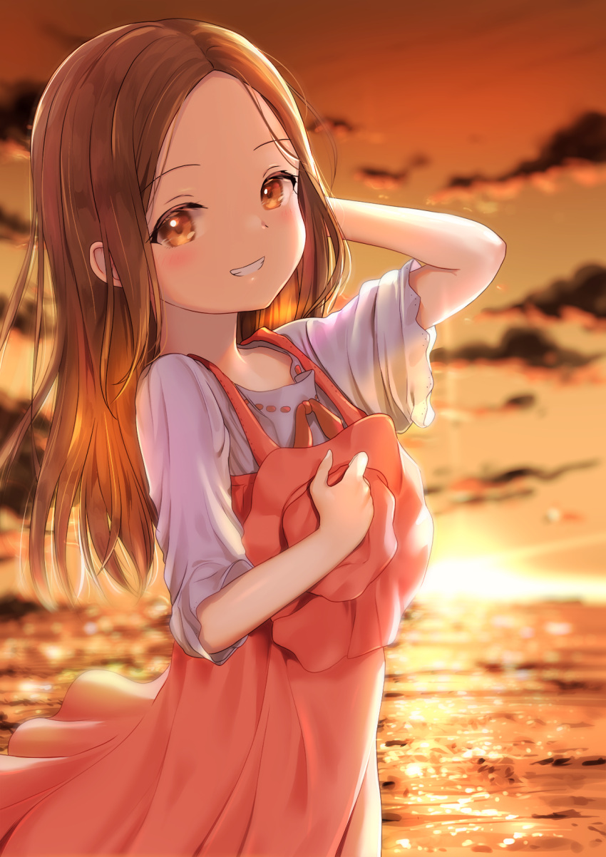 1girl arm_behind_head arm_up bangs brown_eyes brown_hair clouds commentary_request dress forehead goldowl grin hat hat_removed headwear_removed highres holding holding_clothes holding_hat horizon karakai_jouzu_no_takagi-san long_hair looking_at_viewer ocean outdoors parted_bangs pink_dress pink_headwear ribbon-trimmed_skirt ribbon_trim shirt short_sleeves sky sleeveless sleeveless_dress smile solo sun sunset takagi-san water white_shirt wide_sleeves