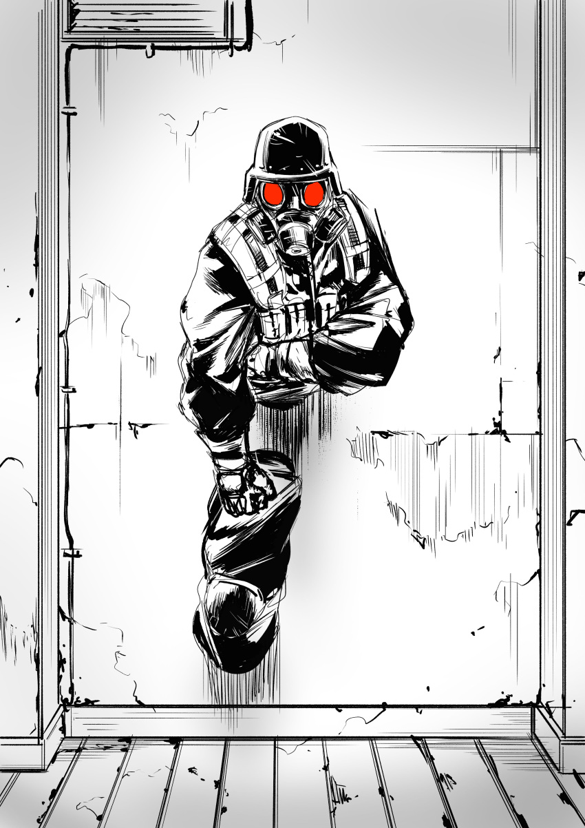 1boy absurdres gas_mask gloves greyscale highres hunk_(resident_evil) knee_pads long_sleeves male_focus mask military military_uniform monochrome pants resident_evil resident_evil_2 rx_hts solo spot_color through_wall uniform wall